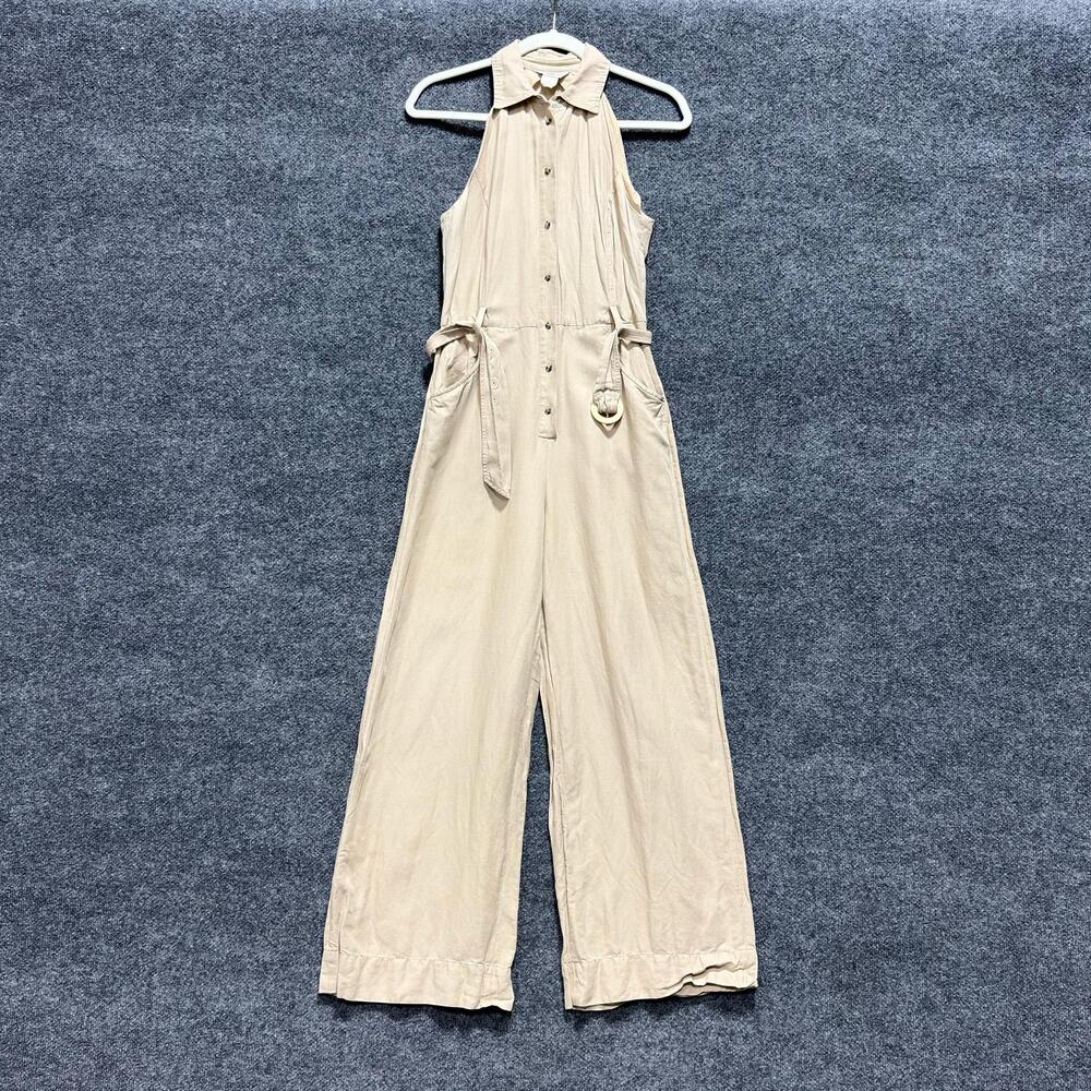 Club Monaco Jumpsuit Womens 2 Beige Sleeveless Collared Wide Leg Belted Romper